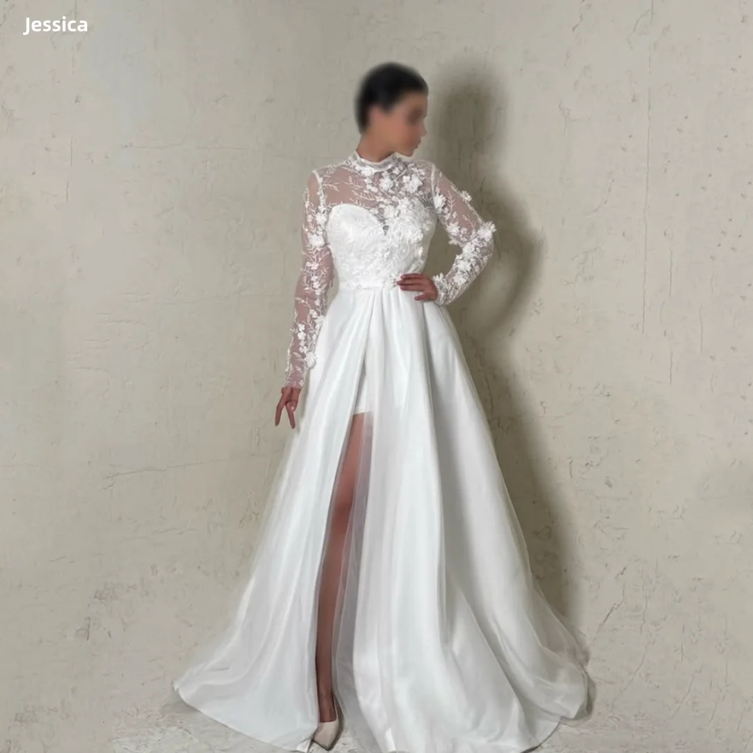 

Jessica Lace High Collar Long Sleeves Evening Dresses Tulle Side Slits Prom Dresses Ladies Formal Vestido Festa Customized