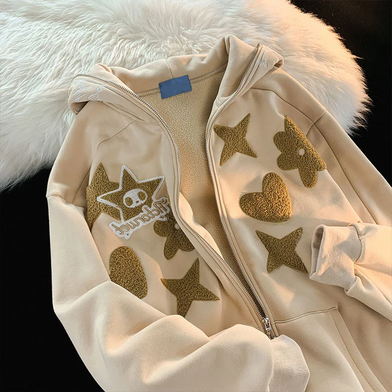 Y2K Skull Star Heart Zip Up Hoodie, 3D Flocked Print Oversized Full-Zip Hooded Sweatshirt, Harajuku Streetwear Jacket for Men an