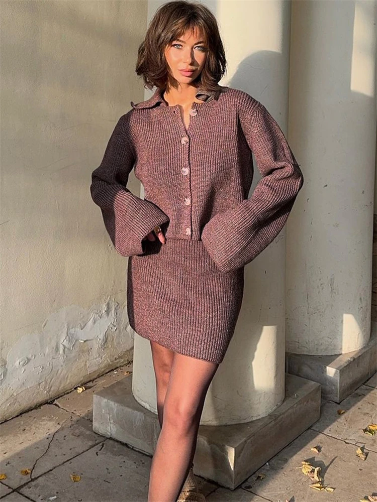 TARUXY Women's Knitted Suit Lapel Flare Sleeve Cardigan Skirt Autumn Winter New Fashion Solid Slim Female Sweater Two Piece Sets