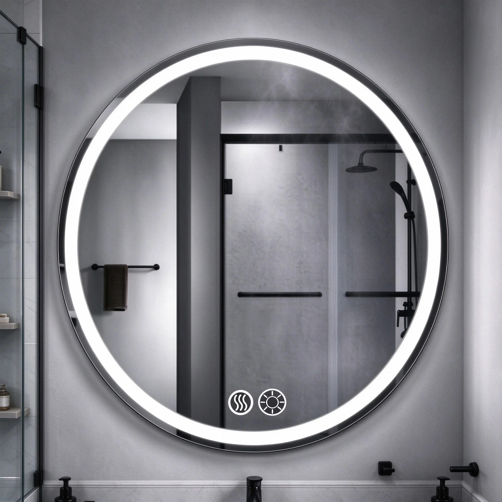 Lighted Round Wall Mirror with Anti-Fog Feature, Adjustable Brightness LED Bathroom Mirror, Touch Activated Makeup Vanity Mirror, Modern Circle Mirror for Bathroom Bedroom Closet