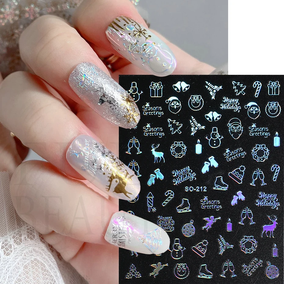 

Christmas Nail Art Stickers Holographic Laser Reflective Snowflake Gifts Santa Candy DIY Manicure Decor Accessories LESO212-222