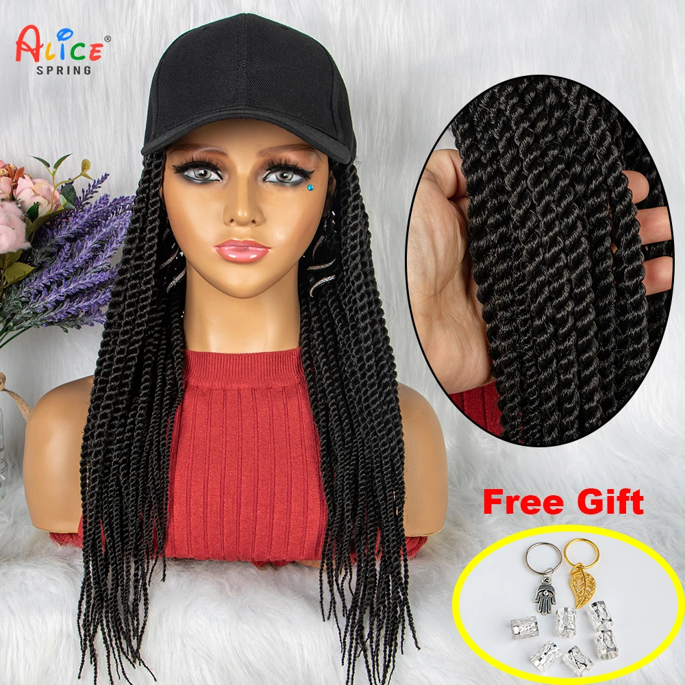 Pelucas trenzadas sintéticas baratas con gorra de béisbol, pelucas de caja de Color Natural para mujeres negras Afro, uso diario, sombrero blanco, 24 pulgadas