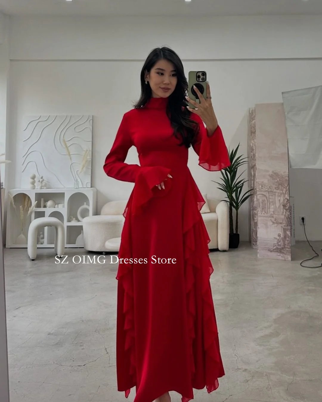 OIMG Dubai Mordern High Neck Bell Sleeves Ruffles Red Prom Dresses Evening Dress Chiffon Women Evening Gowns Formal Party Dress