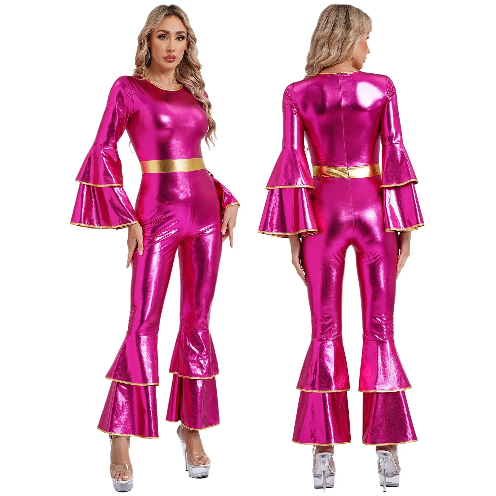 Womens 70S Disco Vintage Jumpsuit Metallic Glanzende Flare Mouw Romper Hippie Bell Bottom Jazz Dance Carnaval Rave Party Kostuum - afbeelding 2