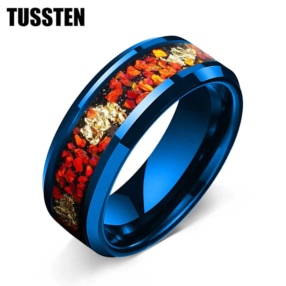 TUSSTEN 6/8MM Men's and Women's Wedding Ring with Orange opal and gold foil Stone Inset in the Middle Groove for