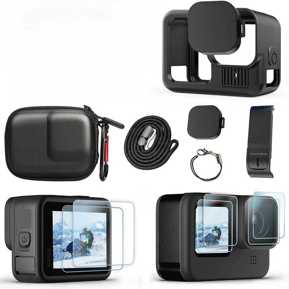 Coque en silicone pour GoPro Hero 13, Film de protection d'écran noir, capuchon Len, sac de rangement pour Go Pro 13 12 11 10 9, accessoires