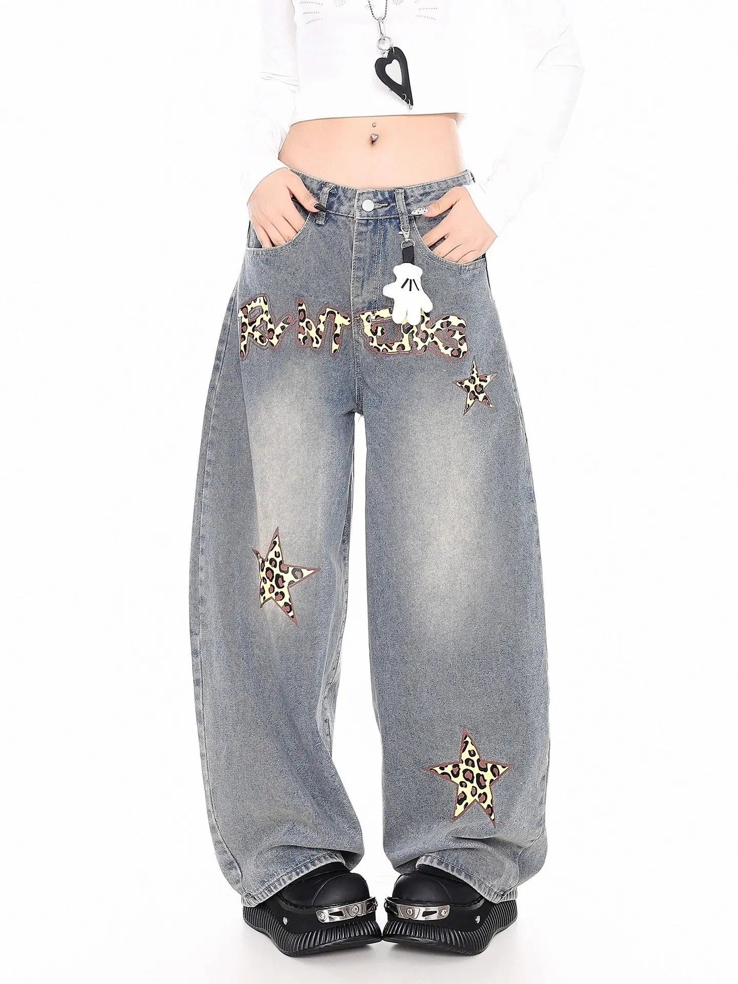 

Женские синие джинсы с леопардовой вышивкой в стиле ретро со звездами Y2k, повседневные свободные прямые широкие джинсы с высокой талией в американском стиле 2000-х годов
