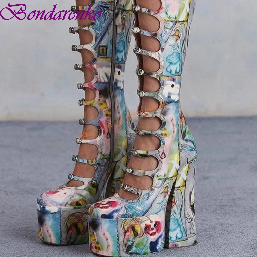 Sexy Hollow Buckles Sandal Boots Platform Printed Round Toe Knee High Women Shoes Chunky High Heels Zipper Boots Spring Summer