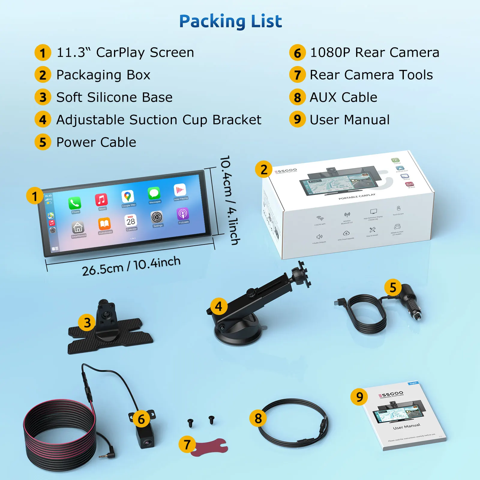 ESSGOO 11.3" 4K+1080P tragbares universelles Carplay Android Auto Doppel-Dashcam und Rückfahrkamera Nachtsicht kabelloses CarPlay WiFi GPS Navigation Videorekorder FM Bluetooth 5.3 AUX Mirror Link Für