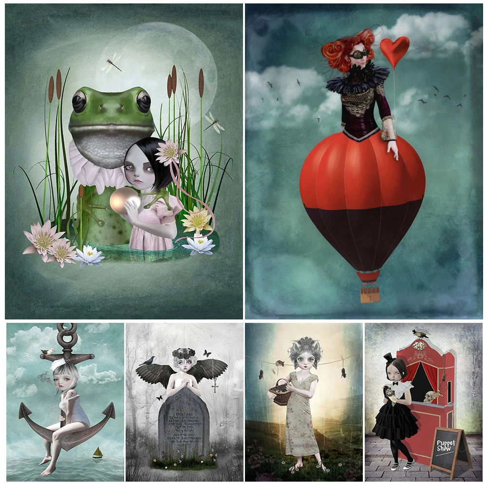 Clown Ghost Box,Cat Girl,Black Winged Angel, Gothic Wall Art Canvas Painting Dark Goth Girl Abstract Art Poster Print Home Decor