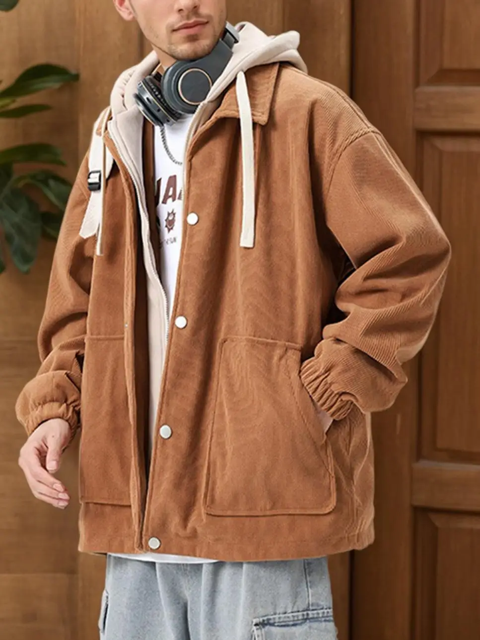 Men's Corduroy Hooded Jacket - Thickened Hong Kong Style Faux Layer Sweatshirt Jacket for Fall and Winter, Coffee Color, Stylish