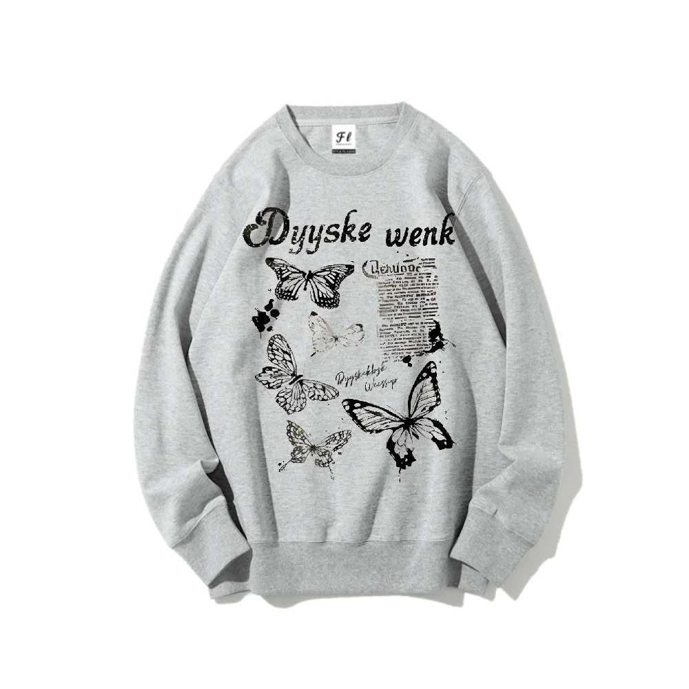 Bluza z długim rękawem w stylu retro z nadrukiem motyli, sloganem Dyyske Wenk, ocieplana, zimowa, ciepła, lekka, oddychająca, streetwear