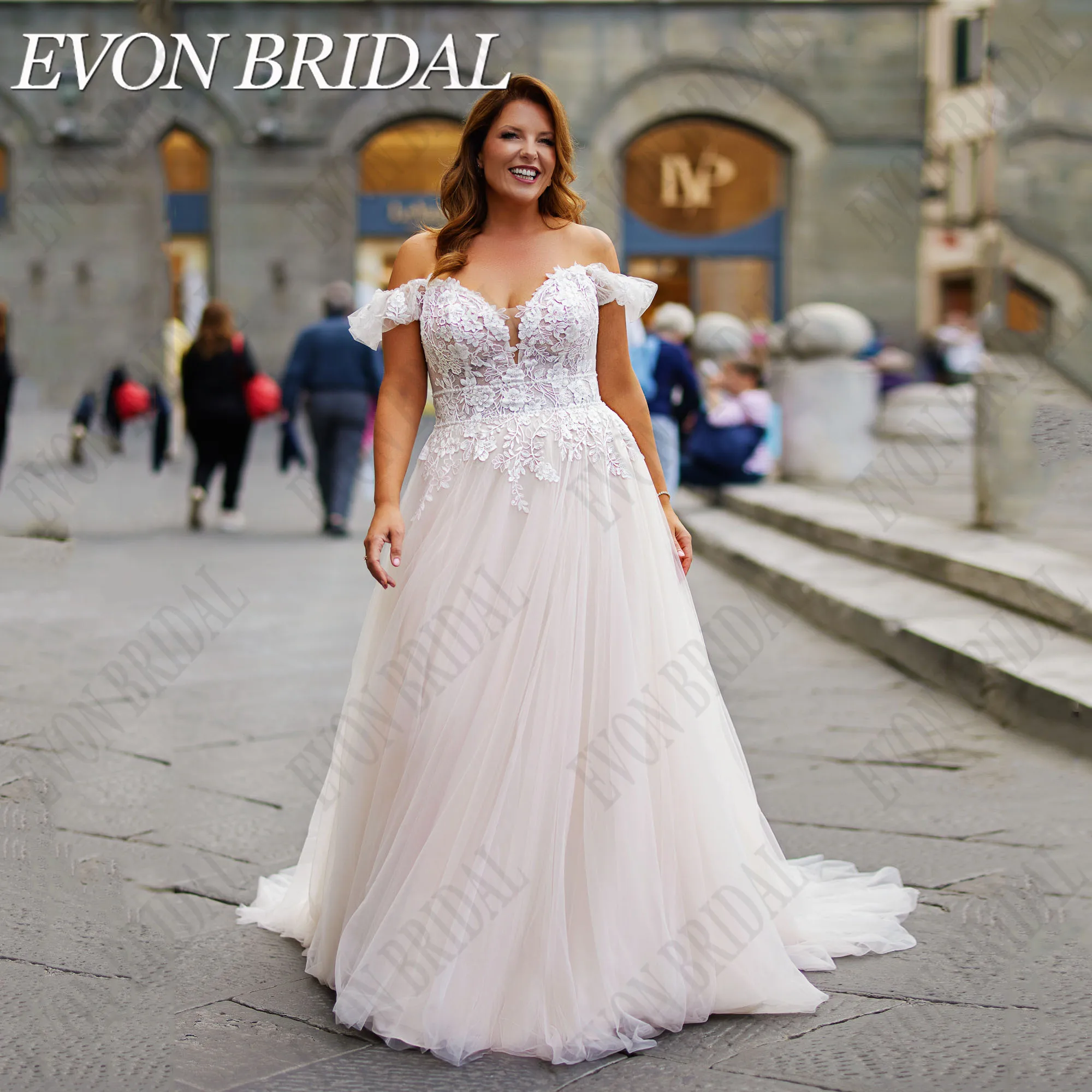 

EVON BRIDAL Large Size Wedding Dress 2024 Bride Off Shoulder A-Line Tulle V-Neck Civil Bridal Gowns Lace Up Applique Custom