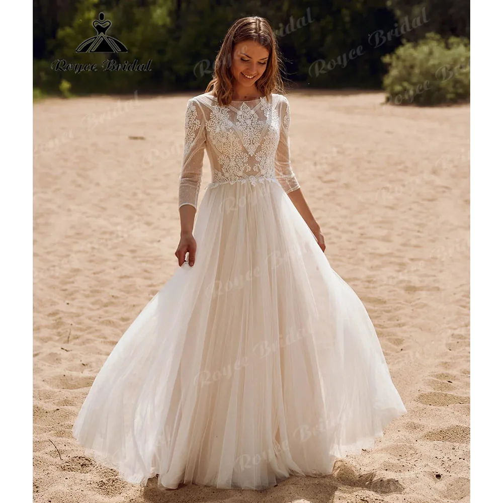 Rustieke Lange Mouw Kanten Boho Bohemian Trouwjurk Voor Vrouwen 2024 Outdoor Aangepaste Bruidsjurk Vestidos De Novia Roycebridal