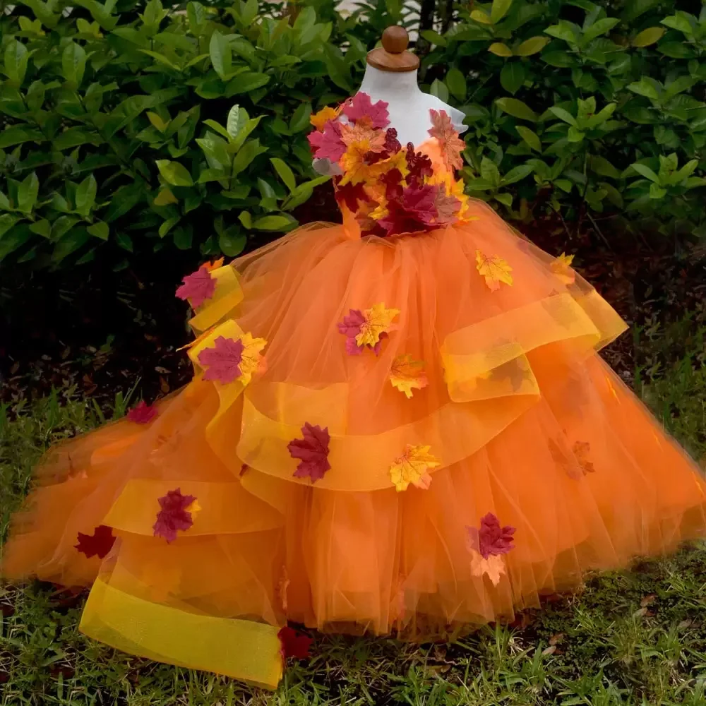 Robe de bal à fleurs avec des appliques de feuilles d'érable, pour mariage, robes de concours à plusieurs niveaux, robe de première Communion Orange avec traîne de balayage