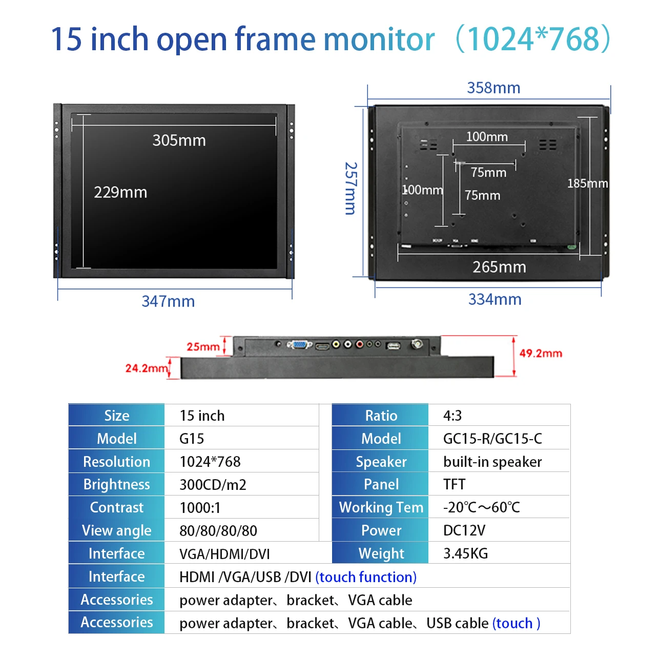 Imagem -06 - Zhixianda-tela de Toque Capacitiva Resistiva Monitor do Quadro Aberto Categoria Industrial Dvi Hdmi Relação de Vga 15 1024x768