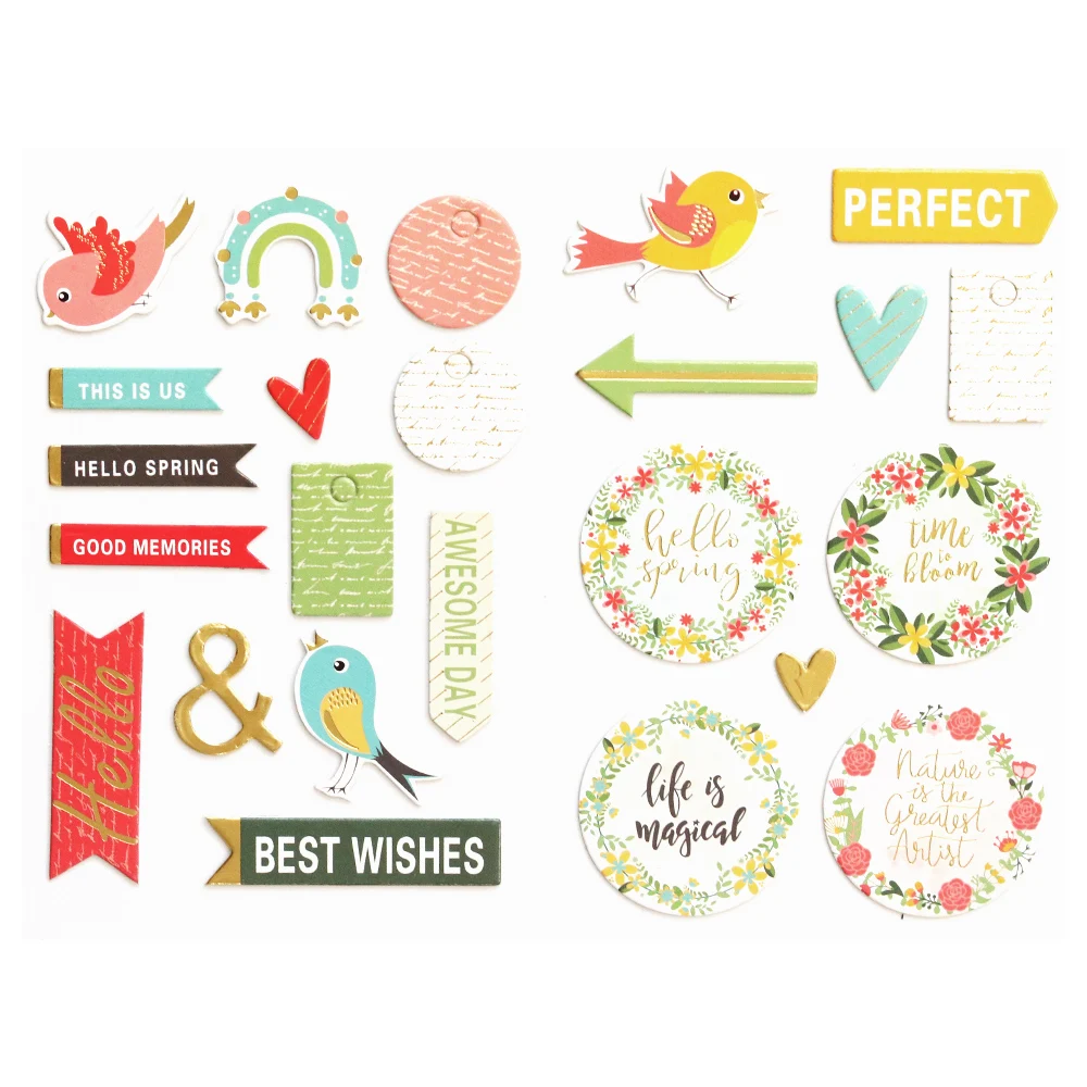 Kreativer Pfad Goldfolie Runder Kranz Scrapbooking Deko-Aufkleber Naturgefühl Frühlingsvögel Chipboard-Papieraufkleber für Journaling – Detail 4