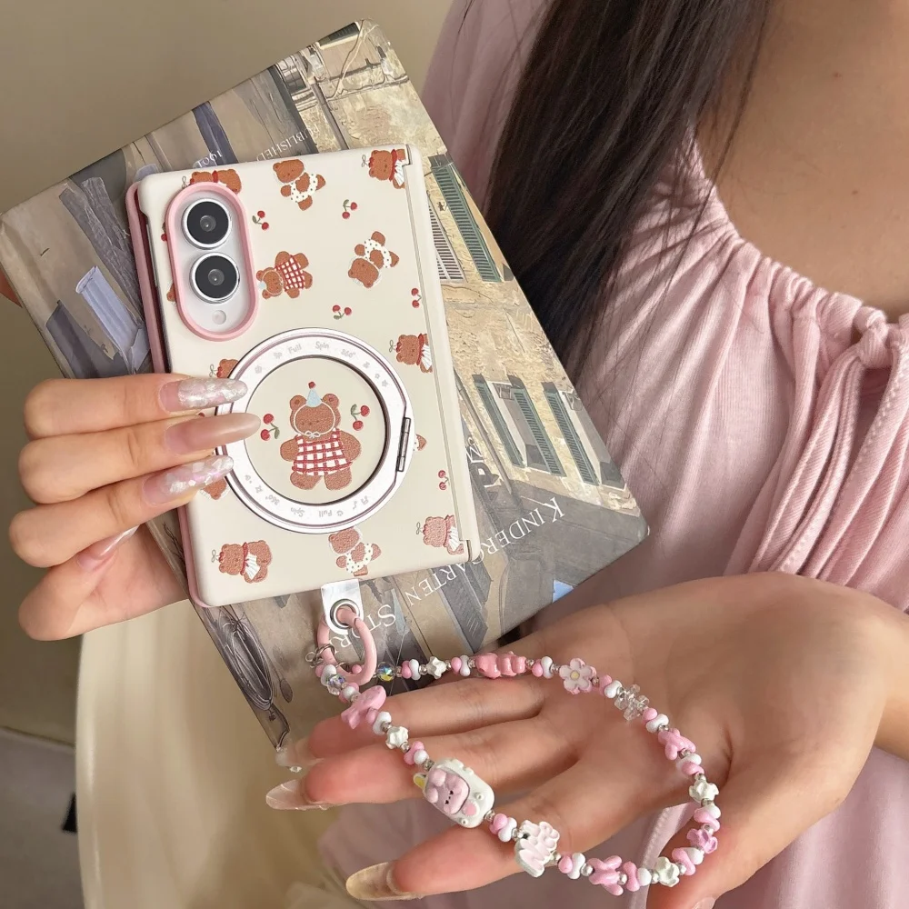New Cute Cherry Bear Magnetic Phone Case for Samsung Galaxy Z Fold 8 fold 8 Kawaii Anti-drop Protective Case with MagSafe Holder