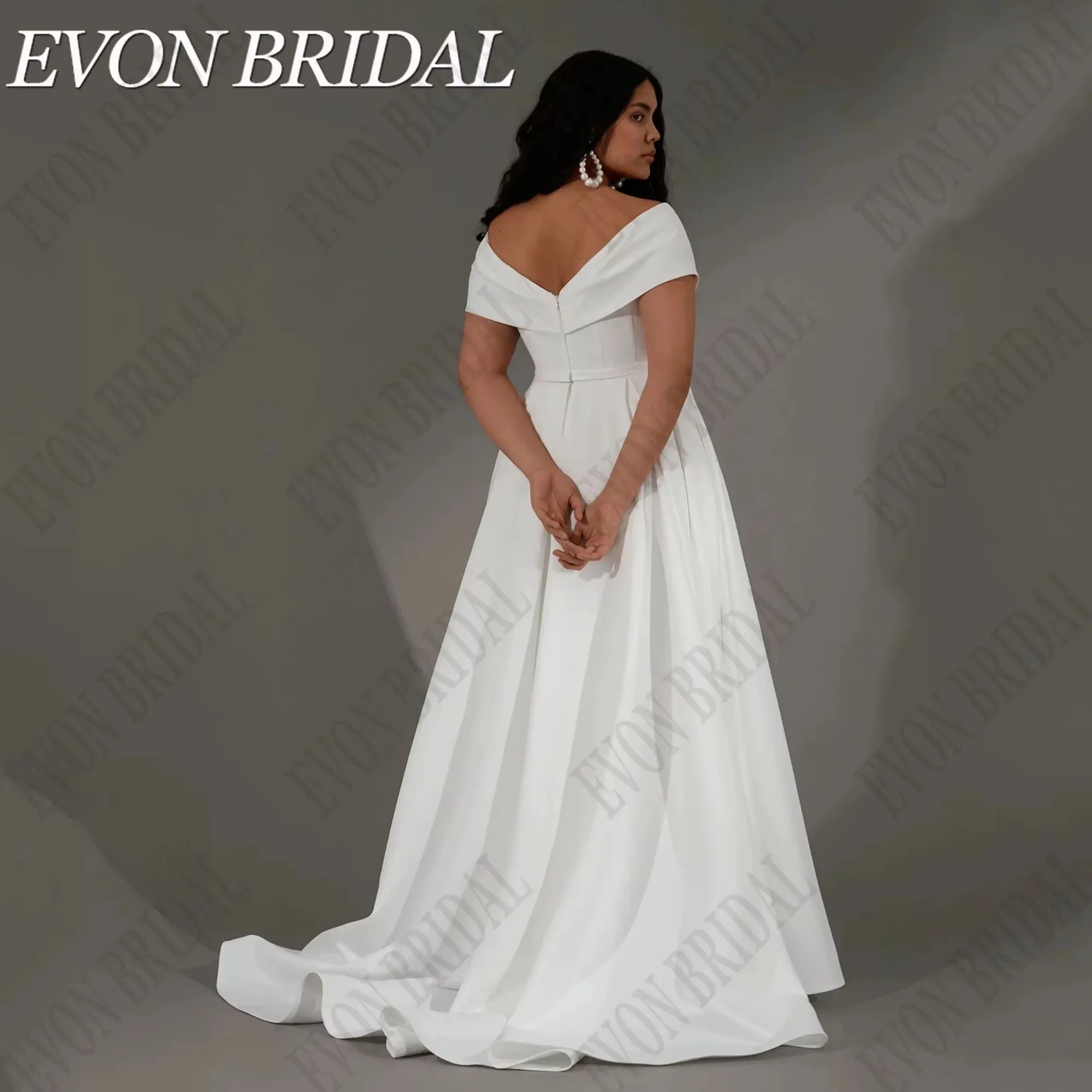 Evon nupcial fora do ombro vestidos de casamento plus size mulher cetim a linha vestido de noiva marfim vestidos de novia trem varredura personalizado