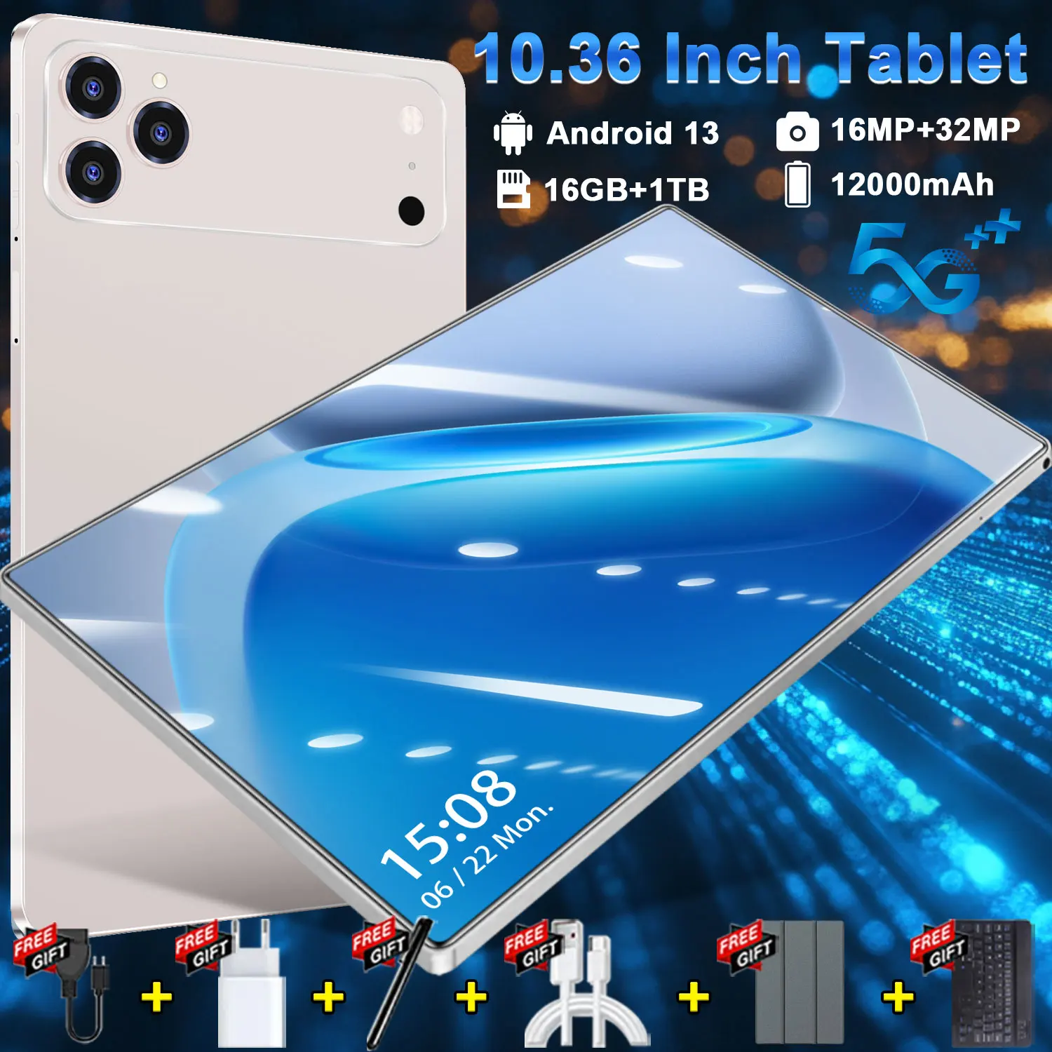 Nueva Versión Global 2026, Tablet de 10.36 Pulgadas, 12000mAh con Teclado, 16GB de RAM, 1TB de ROM, Pantalla Completa de 10.36 Pulgadas