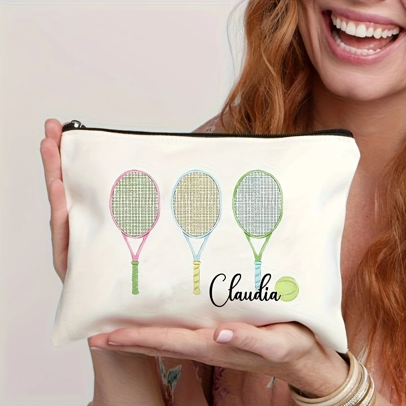 Personalized Tennis Print Makeup Bag Custom Claudia Name Foldable Washable Zipper Organizer Travel Party Gift Accessory