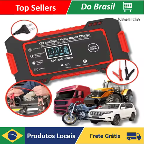 Carregador de bateria automotivo inteligente 12V com Display Digital Automático Energia Reparação Puls - Neverdie Store