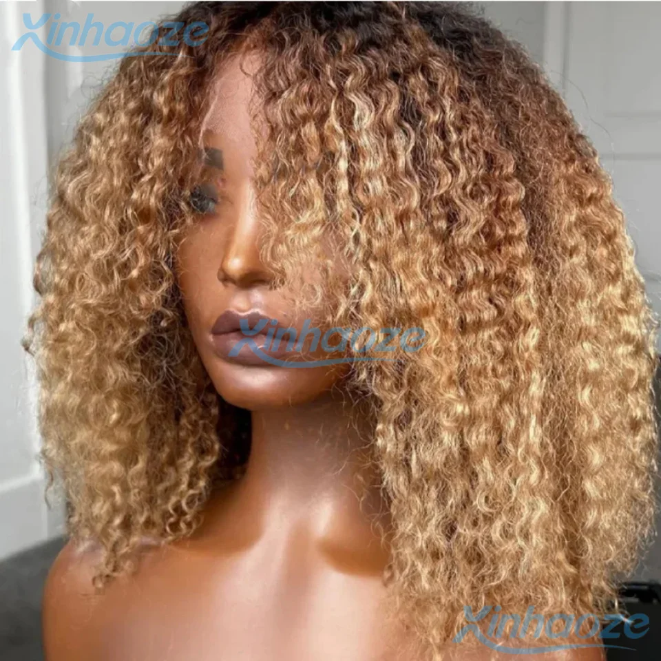 

Kinky Curly Brown Blonde Human Hair Glueless 5x5 Silk Base Closure Wigs Pre Plucked Remy Brazilian Curly 13x6/360 Full Lace Wigs