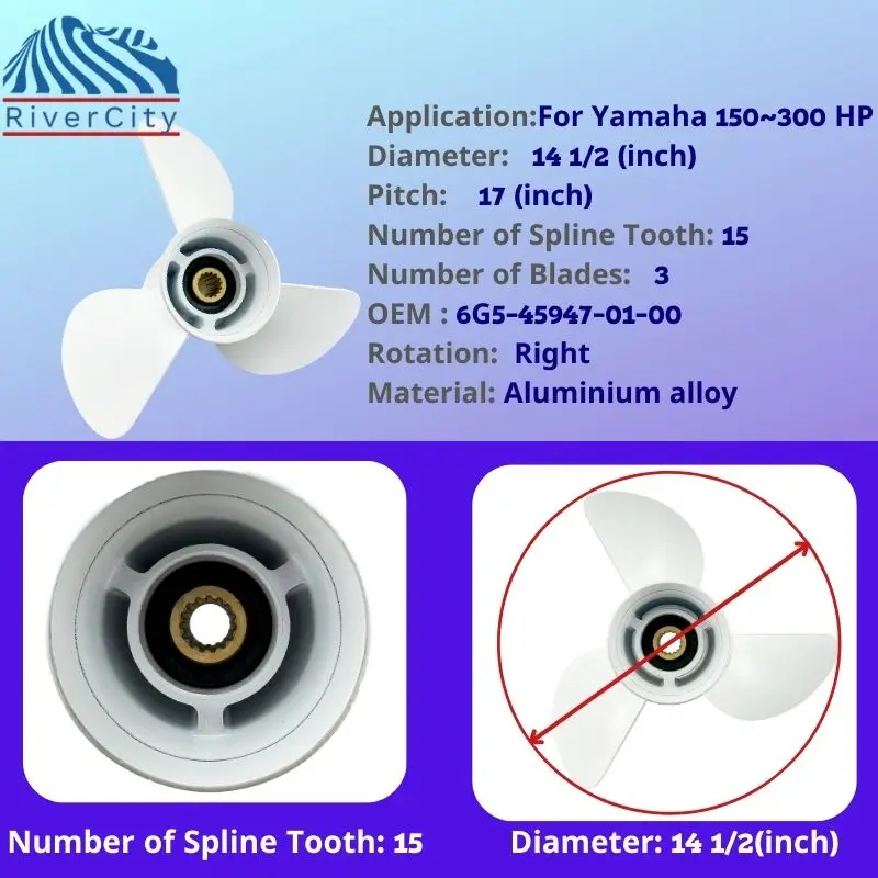 For Yamaha Outboard Propeller 150hp 160hp 170hp 180hp 190-300hp  14 1/2x17 Boat Aluminum  Screw 3 Blade 15 Spline Marine Engine