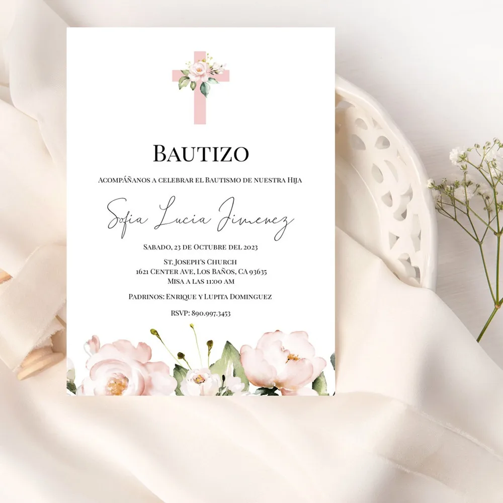 Invitacion de Bautizo Bautizo Invitation in Spanish, Blush Florals, Religious Invite, Girl Baptism Card