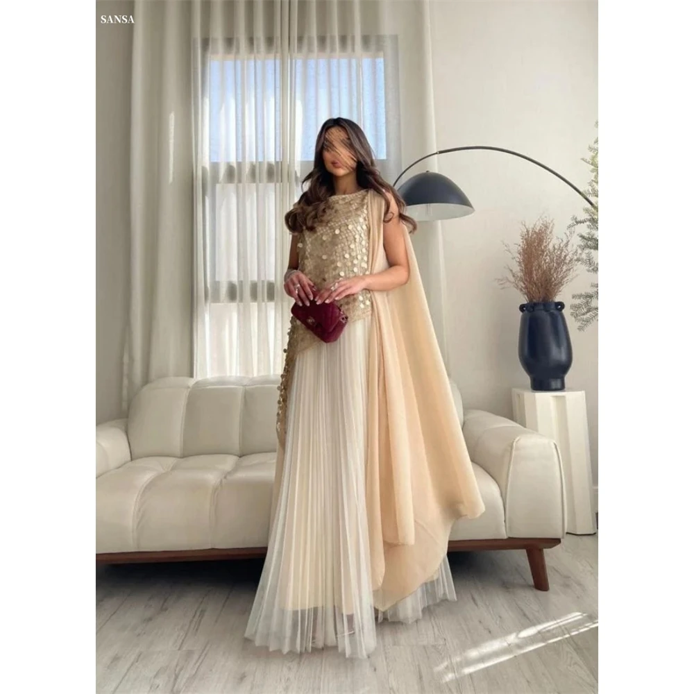 

Sansa индивидуальное бежевое платье трапециевидной формы с круглым вырезом и шалью для выпускного вечера со складками и блестками Vestidos De Noche длиной до пола, торжественное вечернее платье 2025