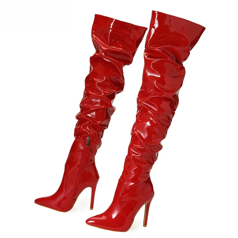 Eilyken rouge femmes sur le genou bottes talons hauts en cuir verni solide bout pointu Stiletto côté fermeture éclair Sapatos Femininos