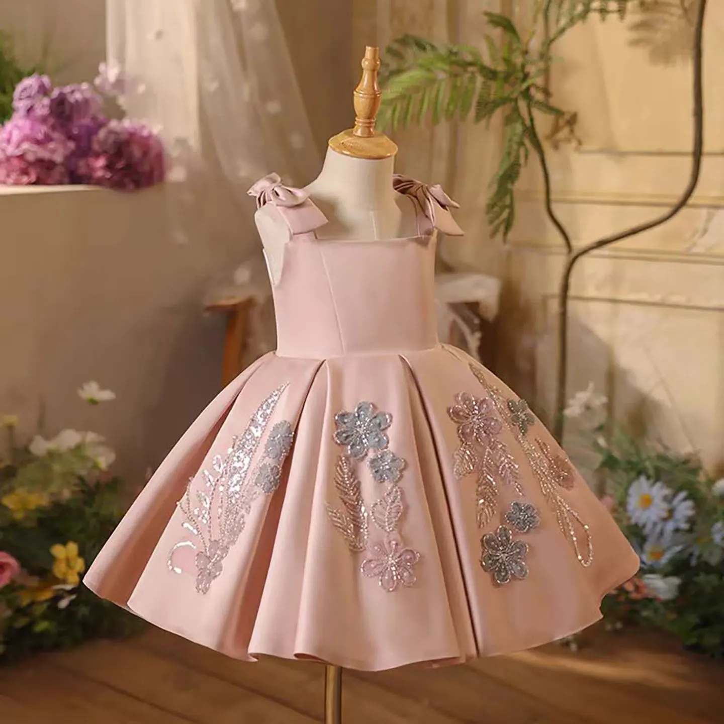 Dreamy Vow D061 Splendido colletto quadrato senza maniche con fiocco in raso rosa per bambina abiti da ragazza di fiore da sera abito da ballo corto da ballo