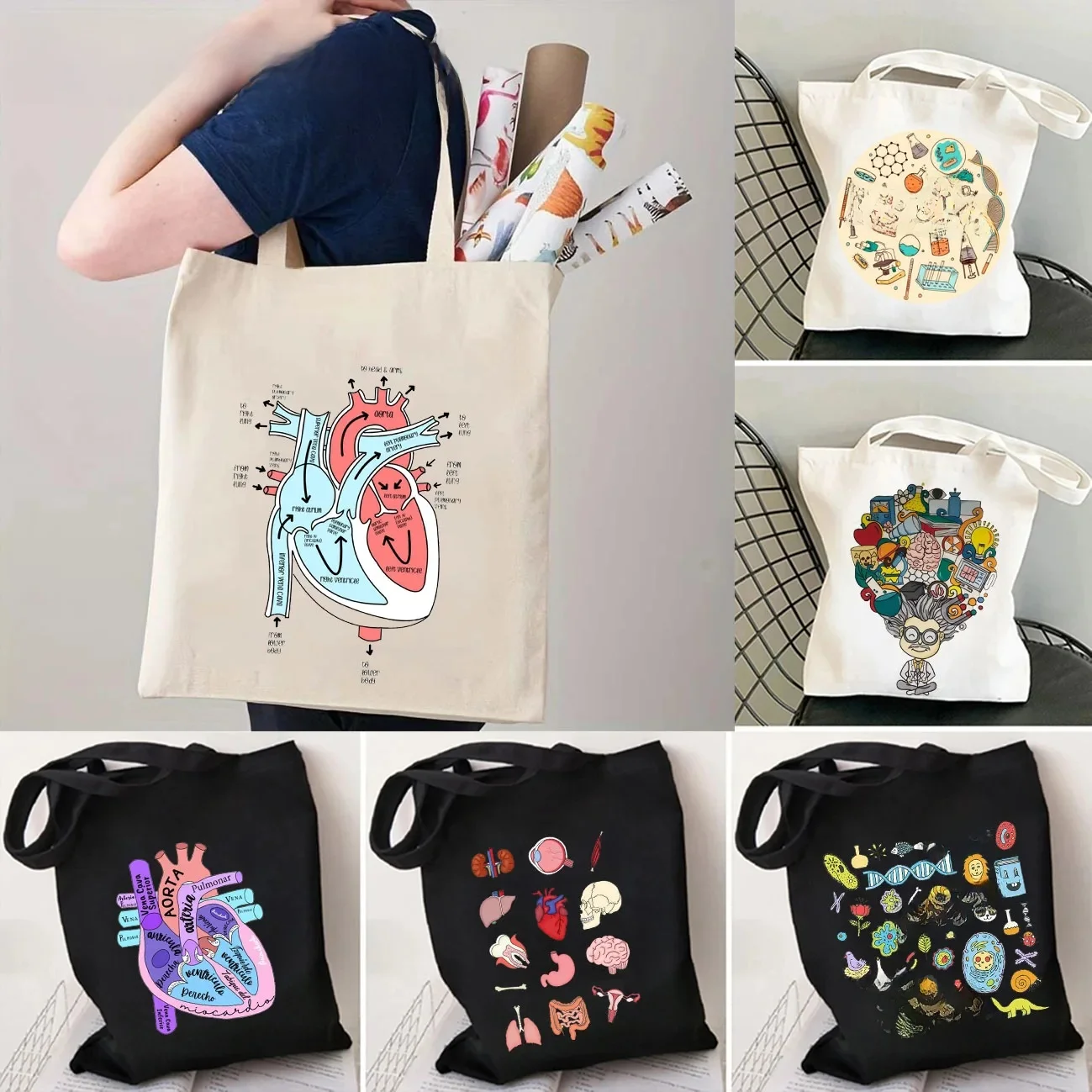 Śliczna nauka prezent z nadrukiem biologia zabawna medycyna estetyczna anatomia ciało miłość serce płótno torba na ramię Shopper bawełniana torebka — zdjęcie 2