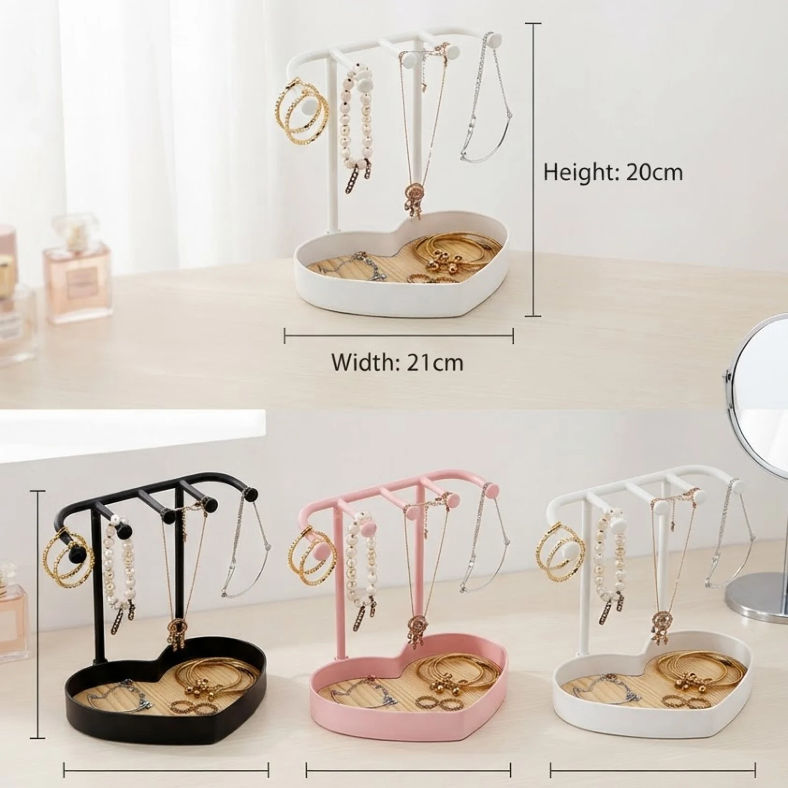 Heart Shaped Jewelry Stand Multifunctional Organizer with Tray Wood Grain Base Necklace Holder for Women Girls Elegant Gift