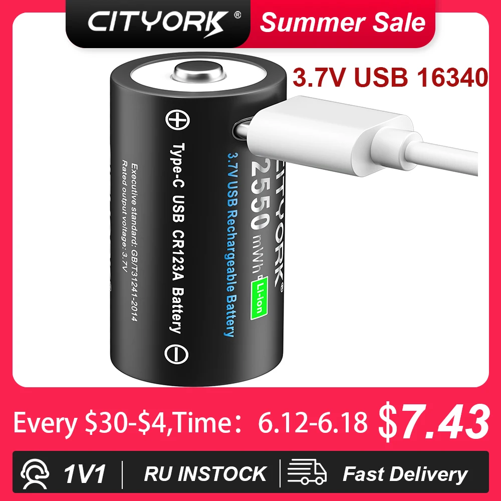 CITTORK 100% Capacity 3.7V CR123 CR123A Rechargeable Battery Type-C USB Charging RCR123 16340 16350 Lithium Li-ion Batteries