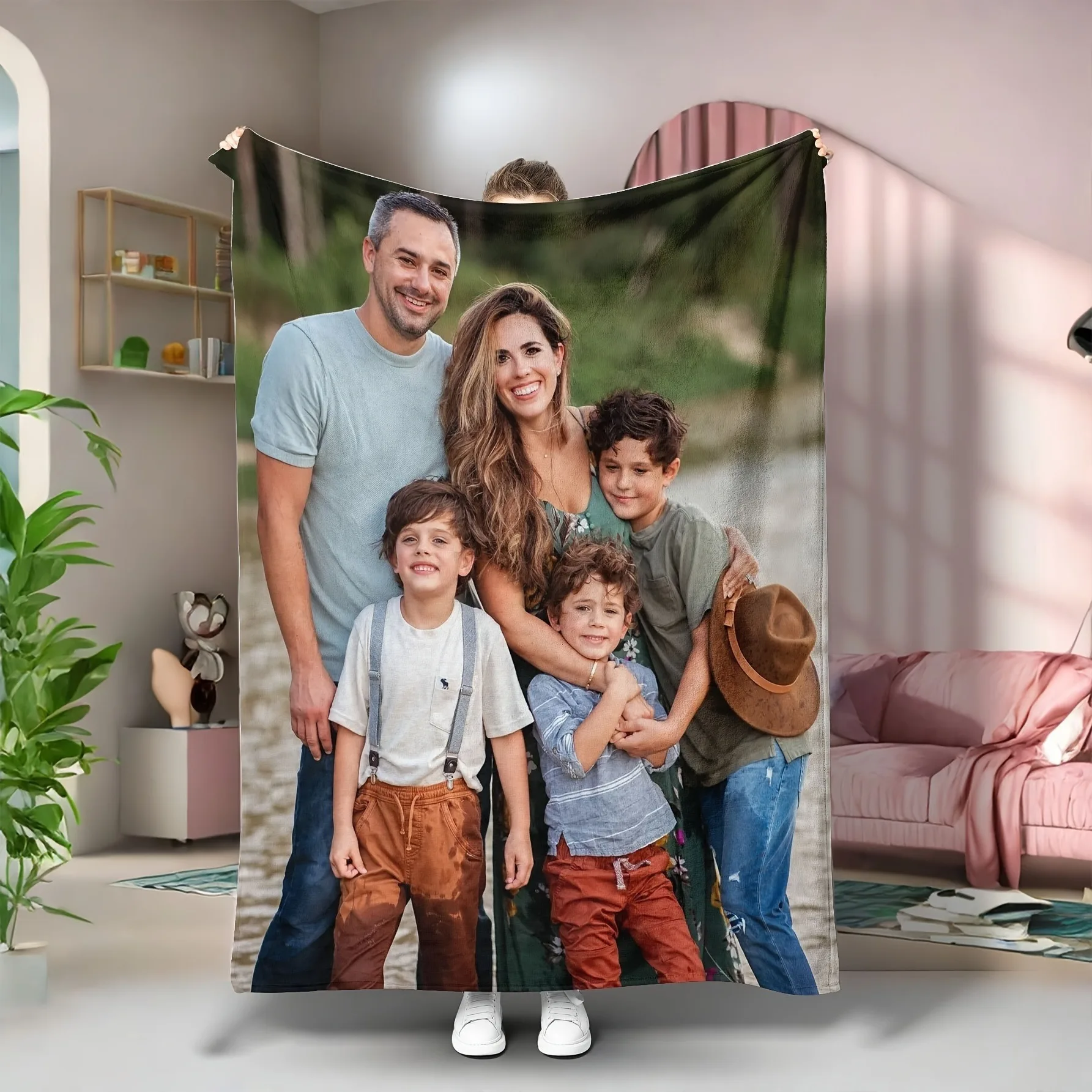 1 customized photo blanket - exclusive design for family, couple, and pet portraits - printed on soft fabric