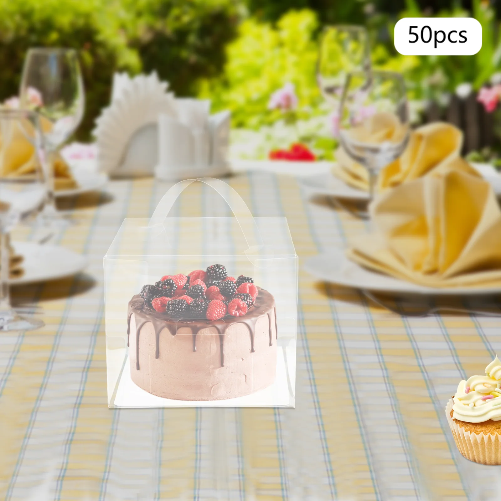 

50-Pack Clear Cake Boxes, Food Safe PET Display Containers with Handles, Disposable Plastic Cake Carriers for Bakery & Party