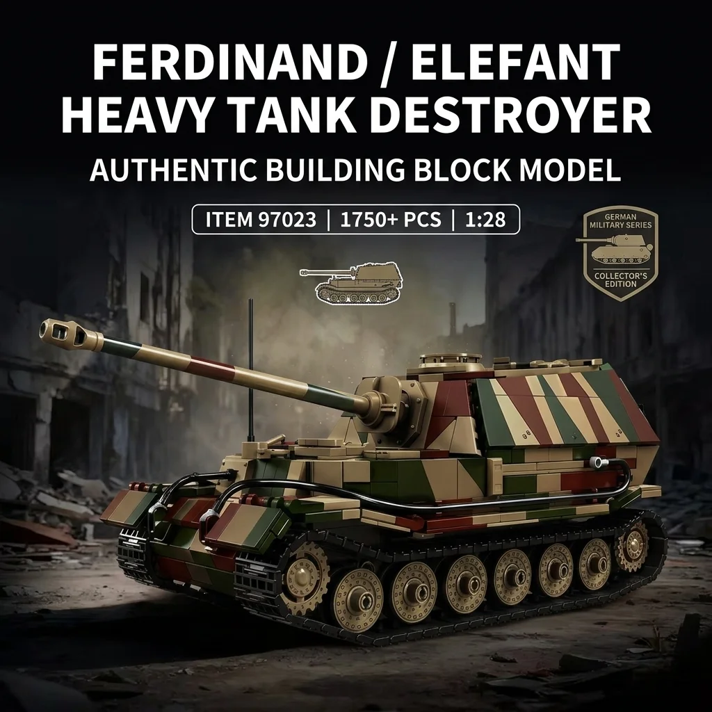 

DIY Ferdinand Elefant Tank Destroyer Building Blocks 1750PCS MOC WWII German Heavy Panzer Bricks Model Construction Toy Men Gift