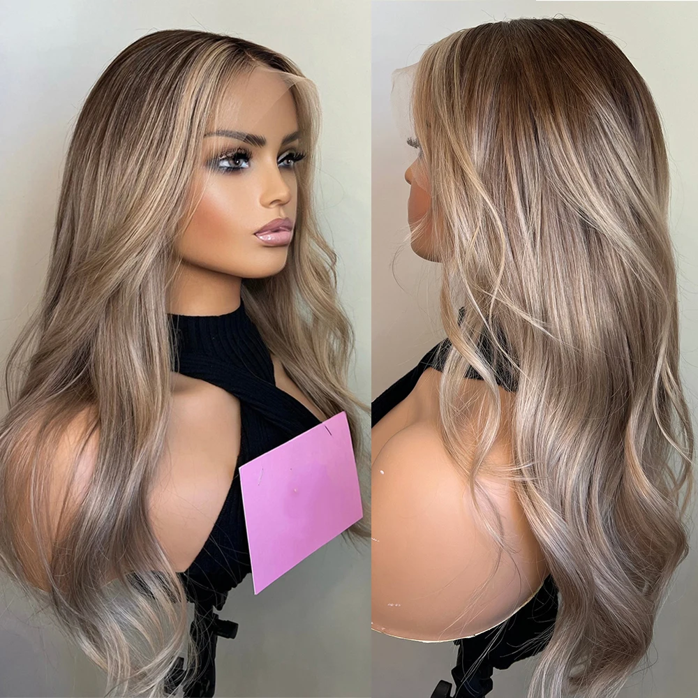 

100% Premium Brazilian Human Hair 13x6 Glueless Frontal Wig Balayage Medium Blonde Highlights Full Lace Wig with Dark Roots 200%