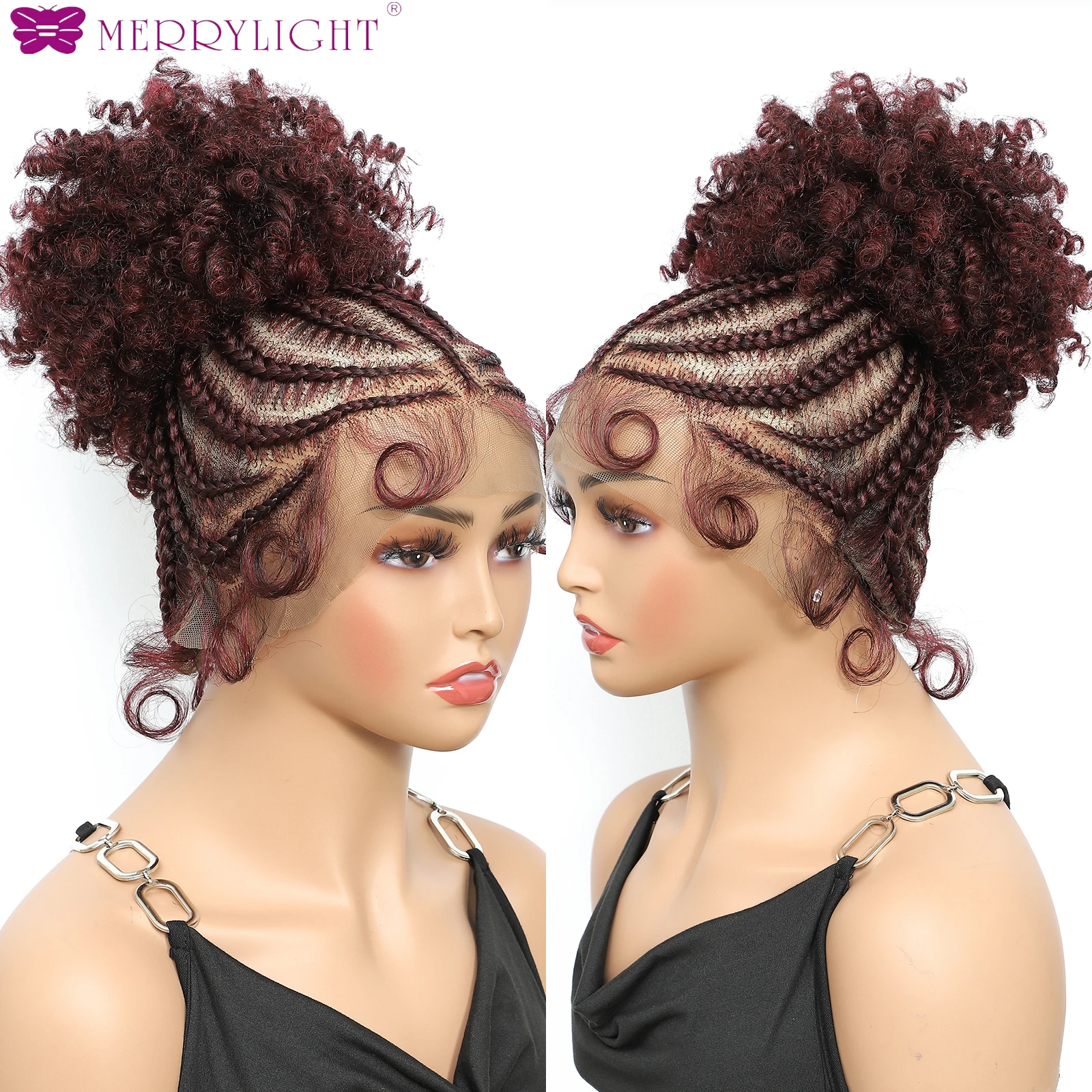 Cornrow Braided Wigs Synthetic Full Lace Braids Wig with Baby Hair Short Afro Curly Knotless Braided Lace Wig for Black Women