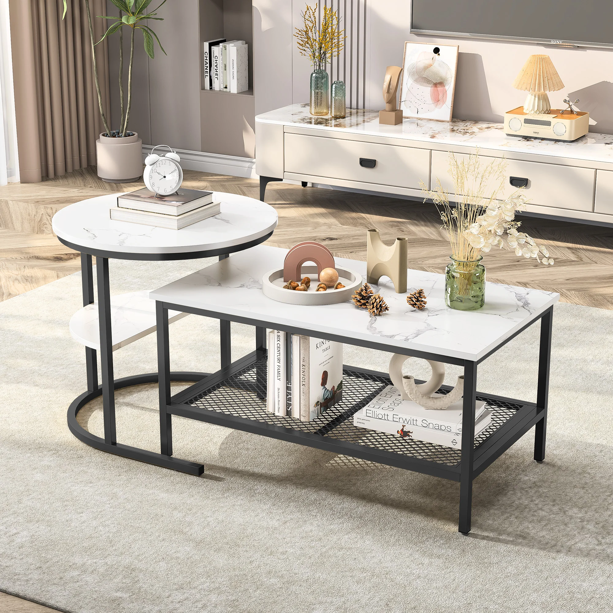 2-in-1-Couchtisch, Beistell tisch mit Metallrahmen, runder und rechteckiger Couch tisch für Wohn-und