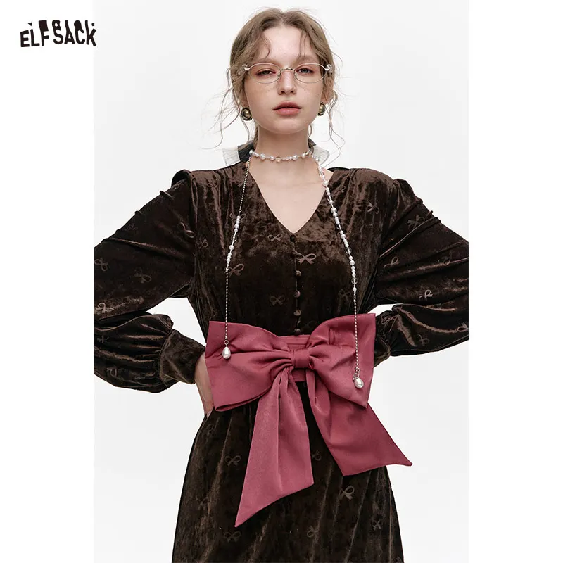 ELFSACK 2024 Winter New Arrivals Retro Velvet Detachable Bowknot V-Neck Long Dress Women