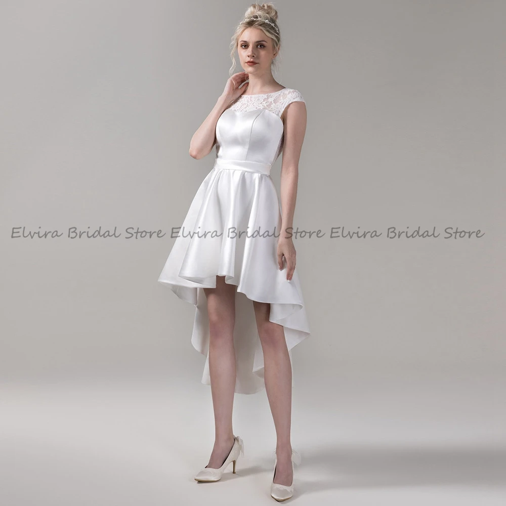 High Quality 2023 Hi-Lo Wedding Dresses Brides Tea-Length Satin Backless Boat Neck Short Sleeve Applique Lace Robe De Mariee