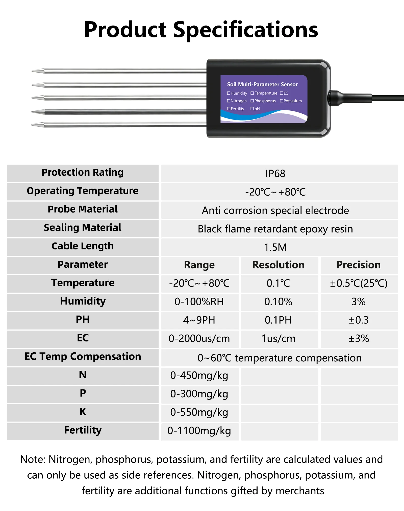 Yieryi 8-in-1 Smart Soil NPK pH EC Temp Moisture Sensor App Data Logger Tester Fertility Meter for Garden Agriculture Lawn IP68