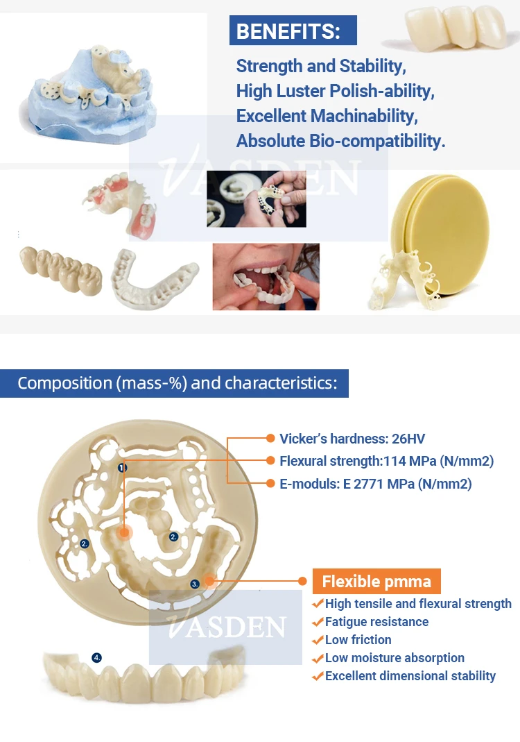 VASDEN PMMA Blocks Monolayer Dental Lab Materials Resin Disc Dentista For Cad Cam Open System 98mm A1 A2 A3 A3.5 Colors