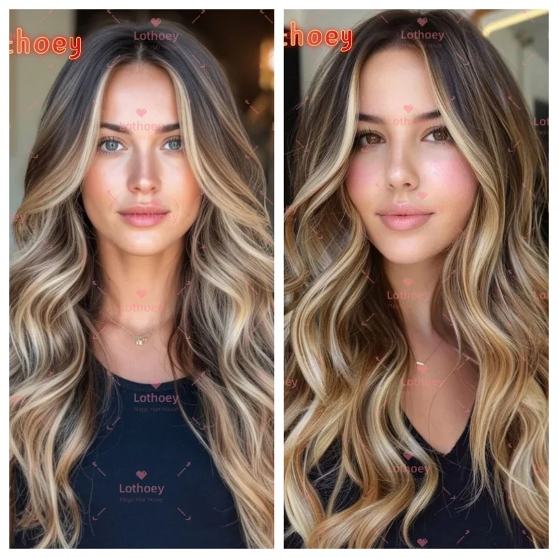 Лоothoey градиент натуральный коричневый мелирование натуральный блеск окрашенный белым золотом индивидуальный повседневный парик на шелковой основе парик с объемной волной