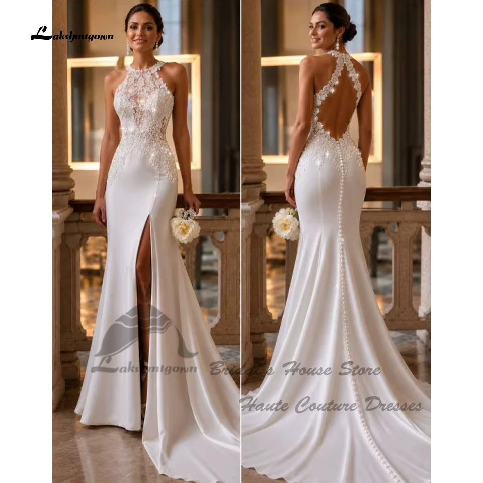 Lakshmigown Sexy Spitzen-Meerjungfrauen-Brautkleider mit Schlitz 2026 Vintage Damen Satin Strand-Brautkleider Rückenfrei Maßanfertigung – Detail 3