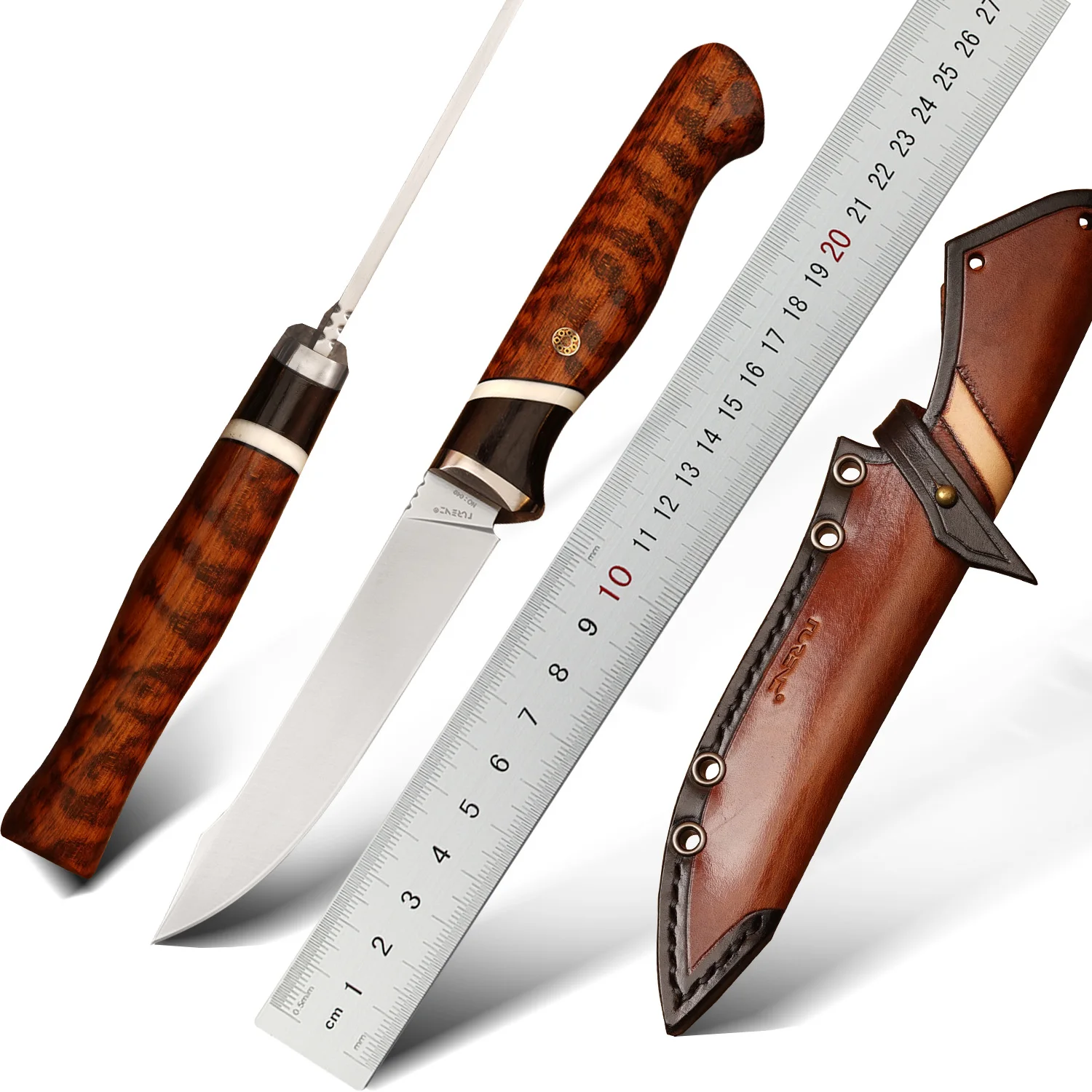 

TUREN M390 Steel Fixed Blade Knife, Outdoor Camping Knife with Leather Sheath, Desert Ironwood Handle, Handmade Bushcraft To