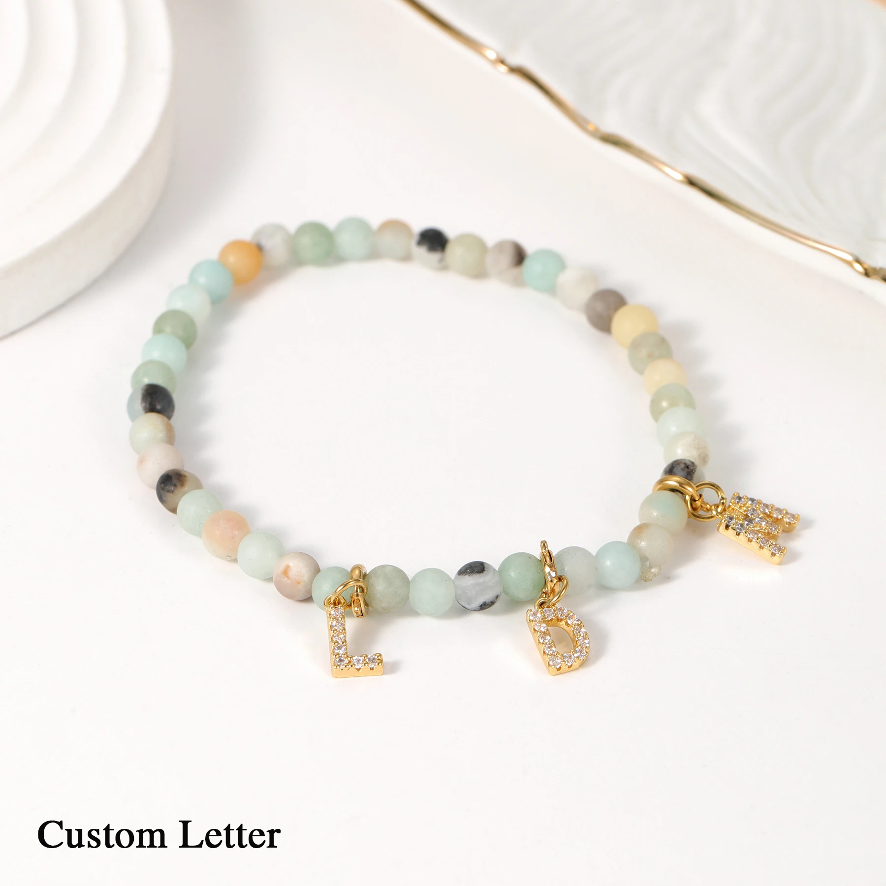 

Personalised Initial Semi-Precious Stone Beaded Necklace in Pastel Green Customized Initial Zircon Letter Bracelet Gift for Her