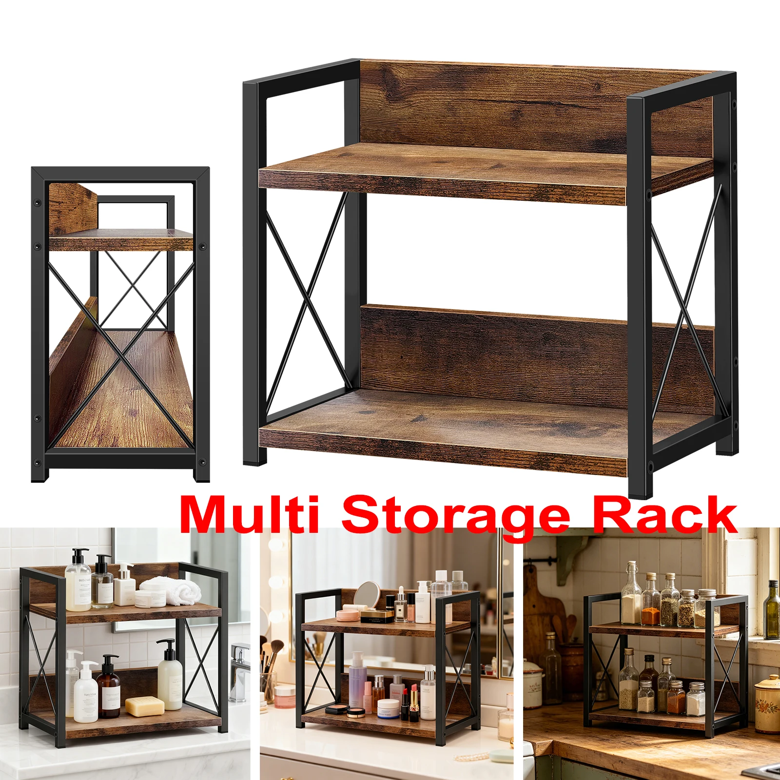Portaspezie da cucina a 2 livelli, scaffale da appoggio per riporre gli oggetti, struttura in metallo a forma di X rinforzata, aspetto in legno vintage, organizer da tavolo per bottiglie e barattoli